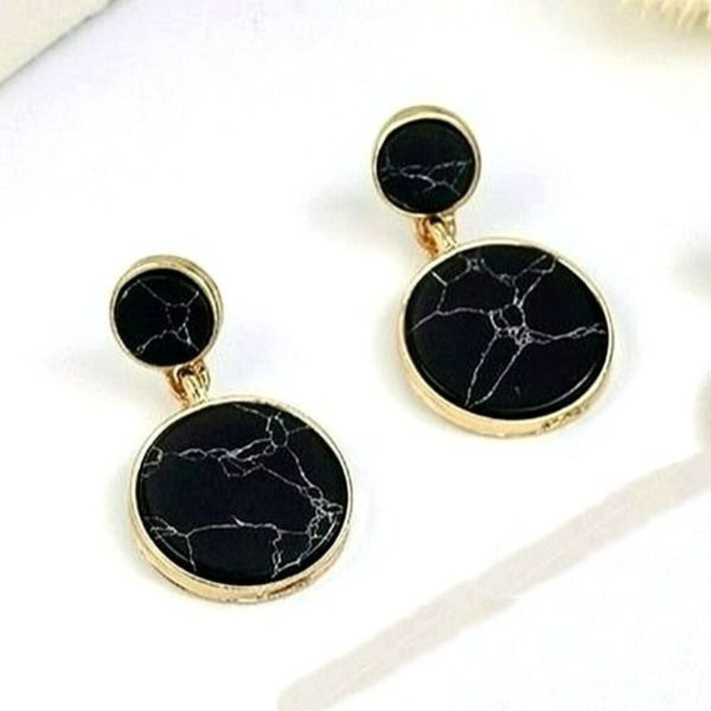 Aidan Esher Black Marbled Flat Circle Dangle Earrings Gift Packaged